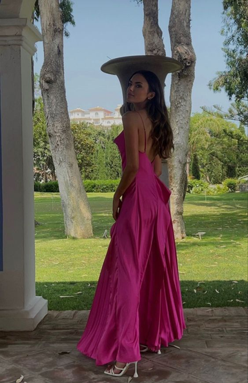 Hot Pink Spaghetti Straps Satin A Line Party Dress Prom Dress HZ1023